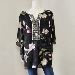 Belle Kim Gravel Size 1X Magnolia Blouse Embroidered Neck Flare Slv Layered Top